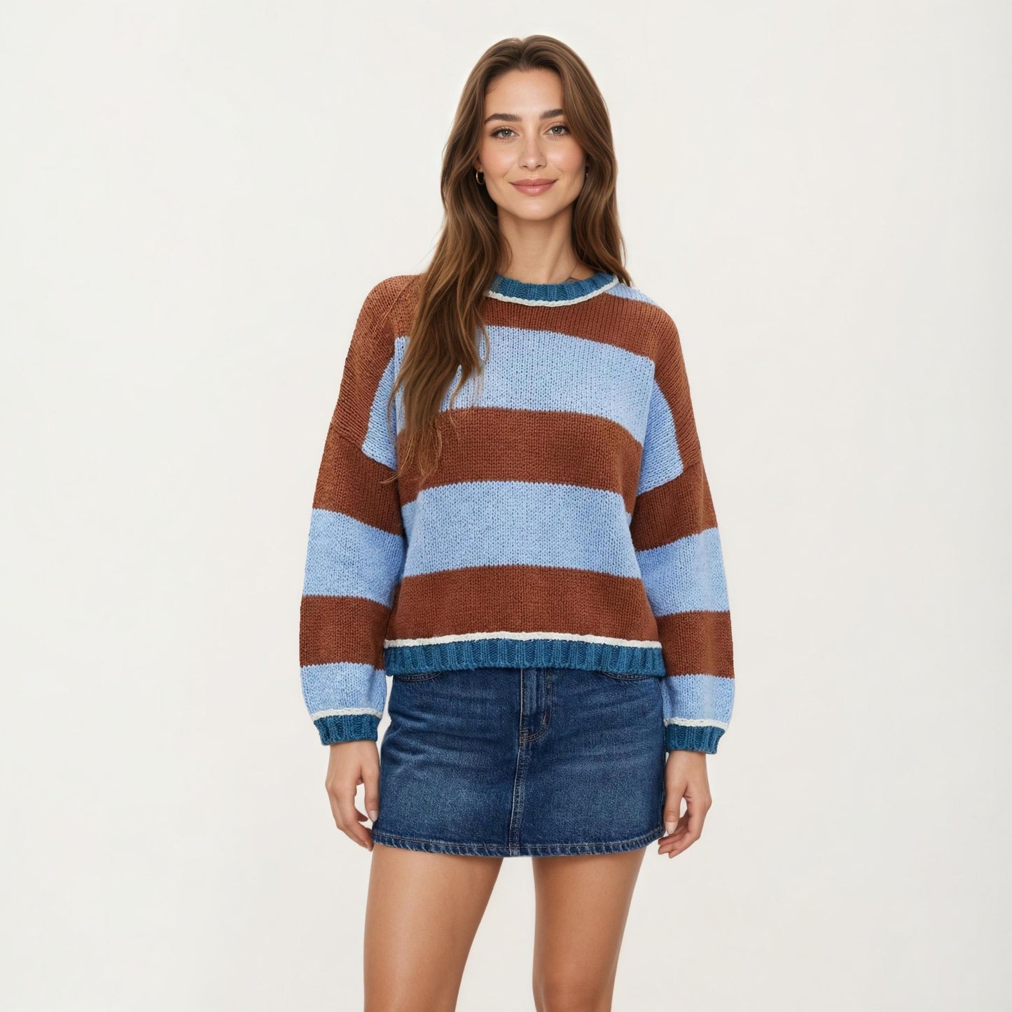 Striped Knit Sweater with Color Block Design, Ribbed Trim and Relaxed Drop Shoulder Fit