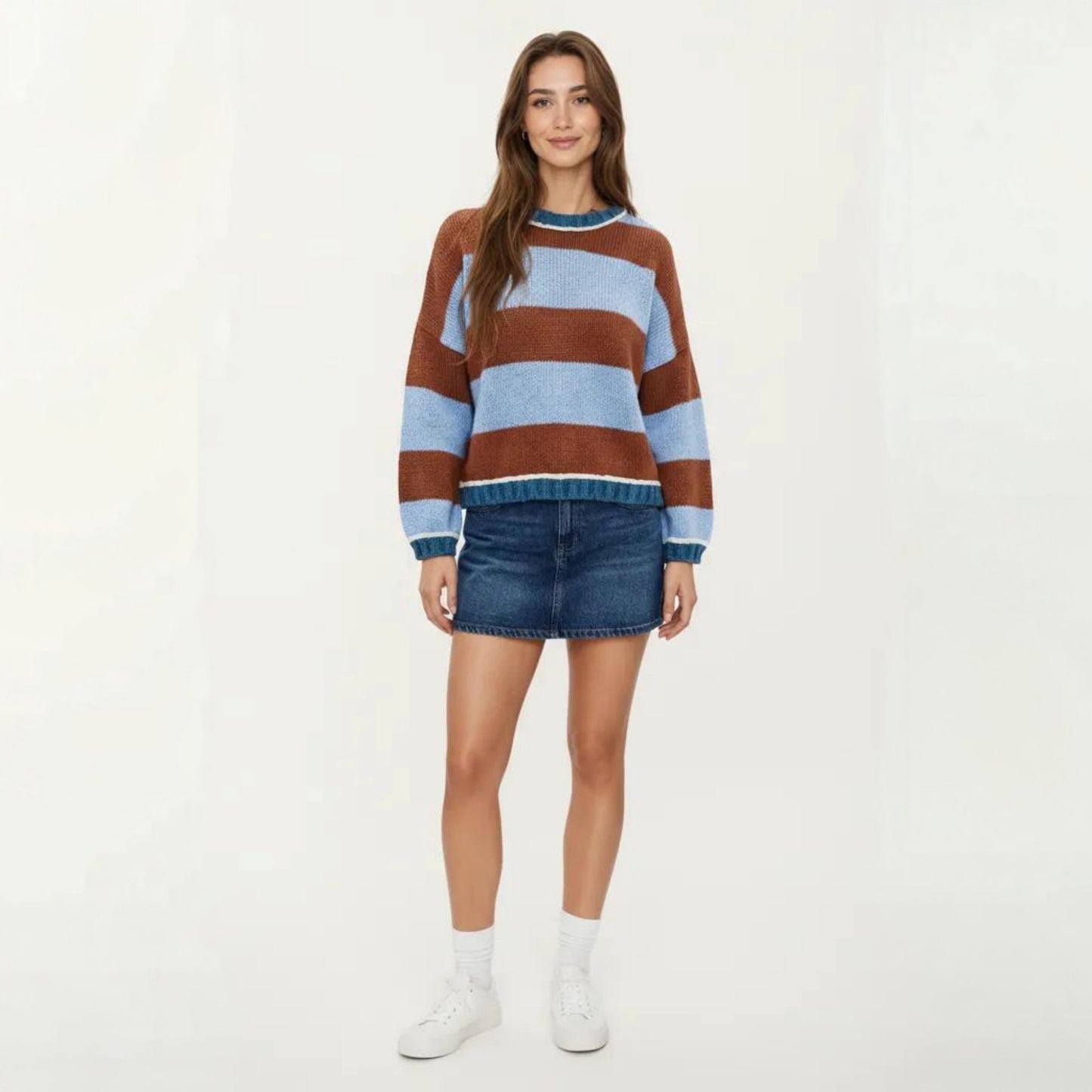Striped Knit Sweater with Color Block Design, Ribbed Trim and Relaxed Drop Shoulder Fit
