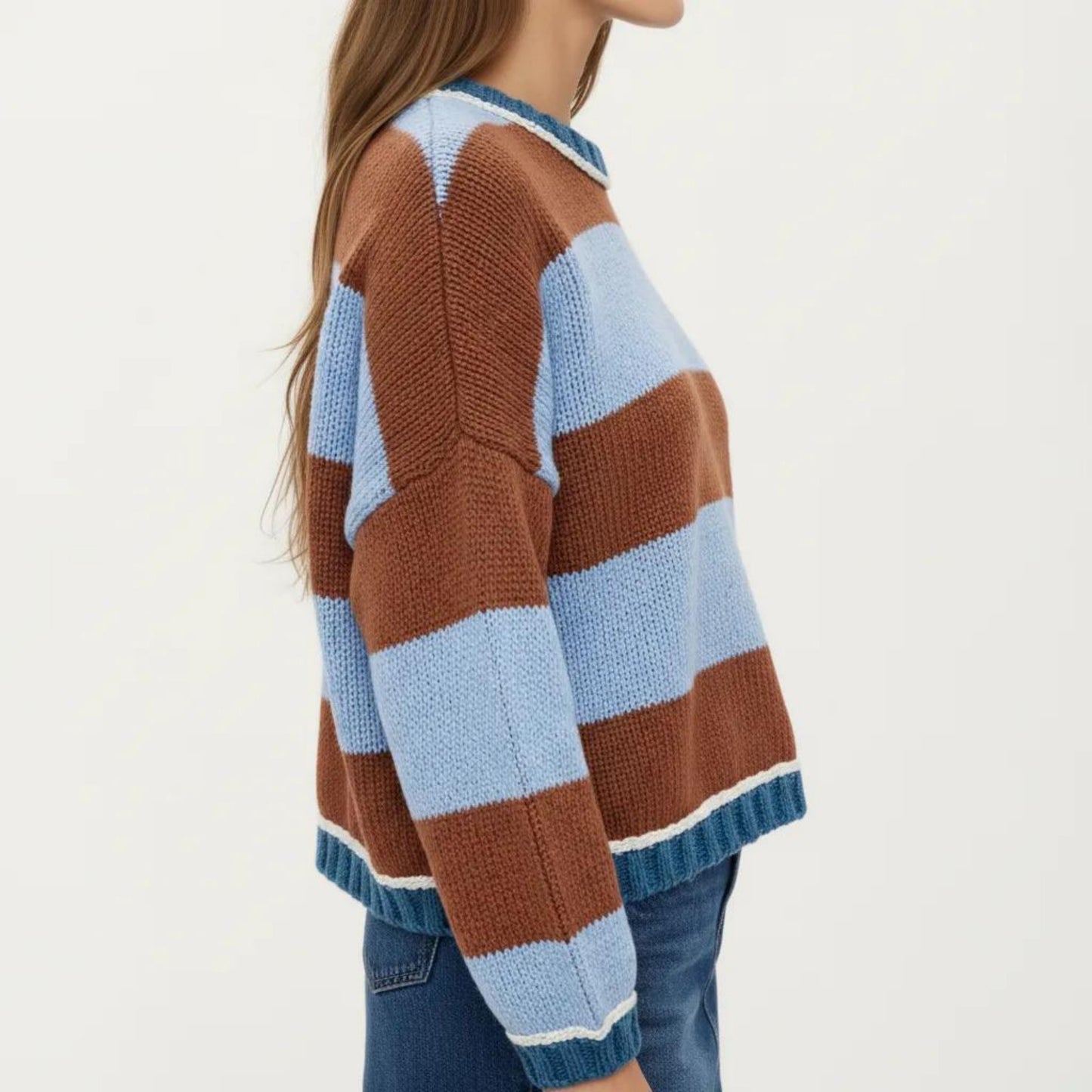 Striped Knit Sweater with Color Block Design, Ribbed Trim and Relaxed Drop Shoulder Fit