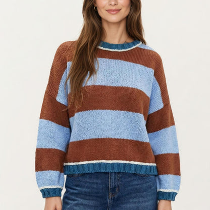 Striped Knit Sweater with Color Block Design, Ribbed Trim and Relaxed Drop Shoulder Fit