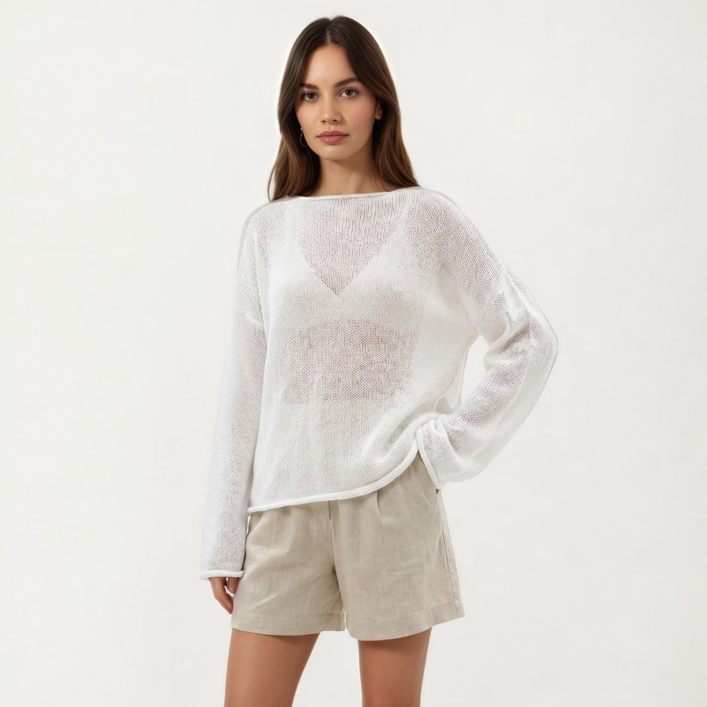 Lightweight Open Knit Long Sleeve Sweater Top with Relaxed Fit and Subtle Sheer Texture