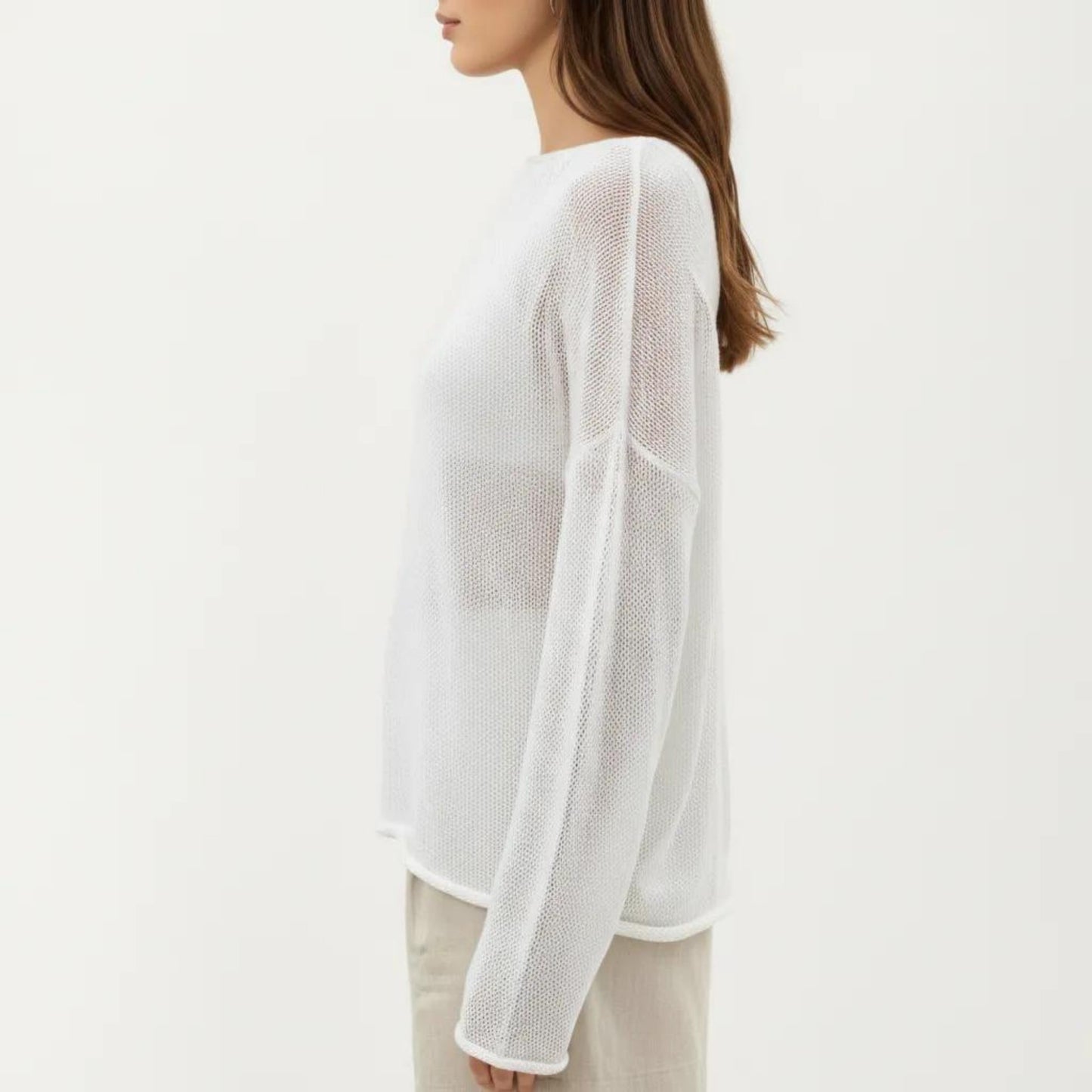 Lightweight Open Knit Long Sleeve Sweater Top with Relaxed Fit and Subtle Sheer Texture
