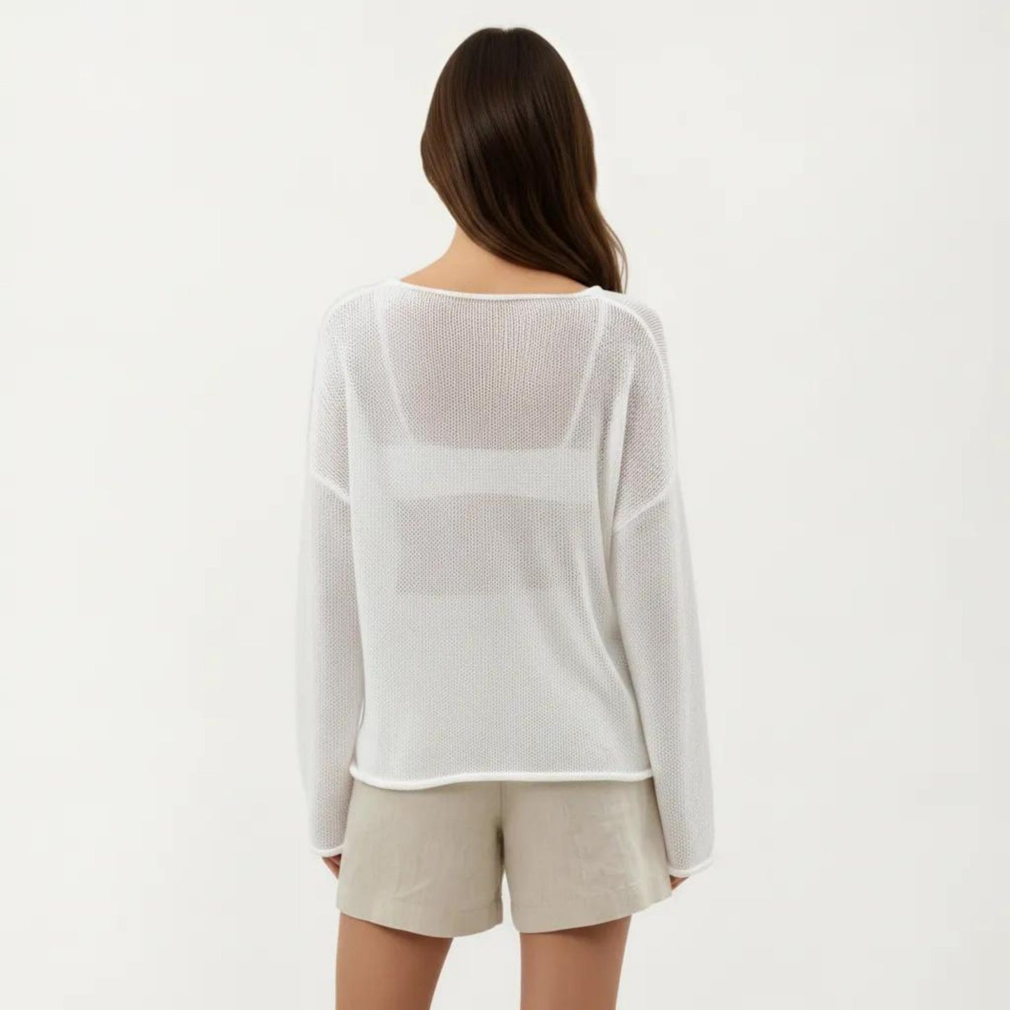 Lightweight Open Knit Long Sleeve Sweater Top with Relaxed Fit and Subtle Sheer Texture