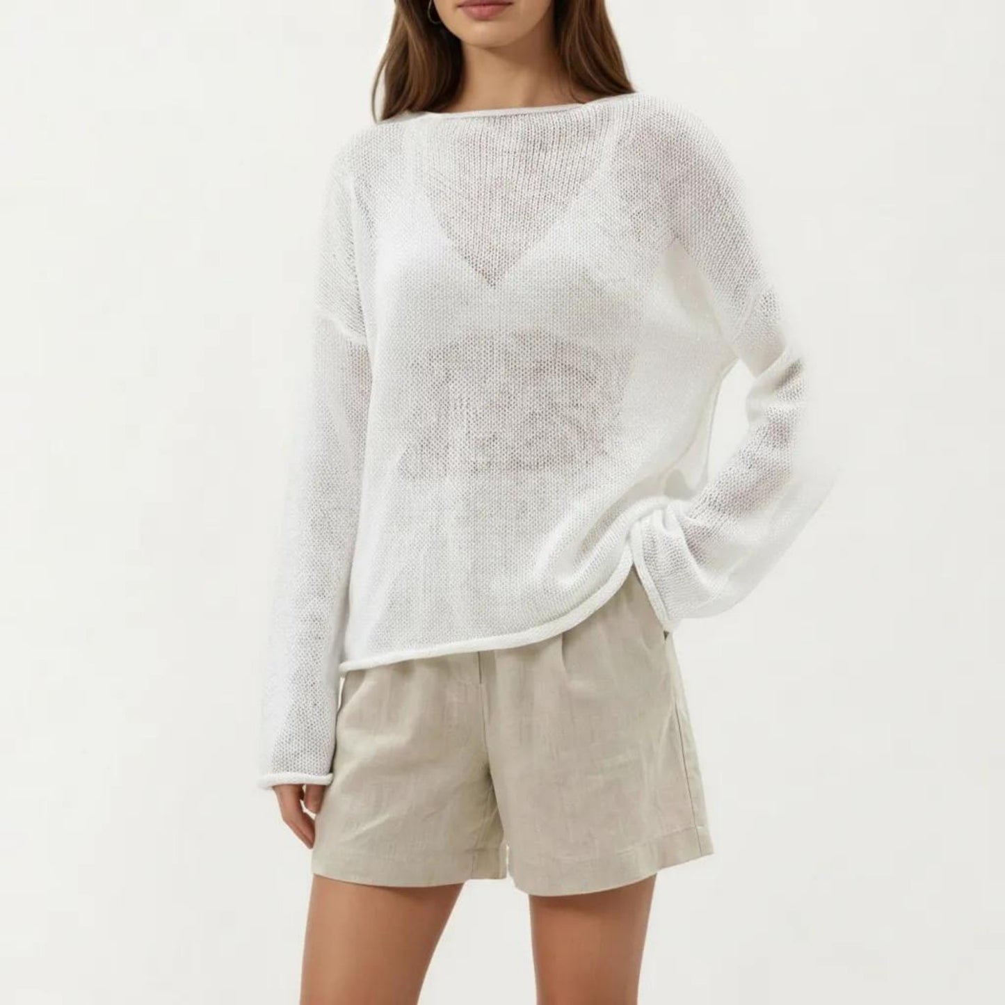 Lightweight Open Knit Long Sleeve Sweater Top with Relaxed Fit and Subtle Sheer Texture