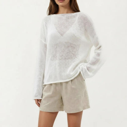Lightweight Open Knit Long Sleeve Sweater Top with Relaxed Fit and Subtle Sheer Texture