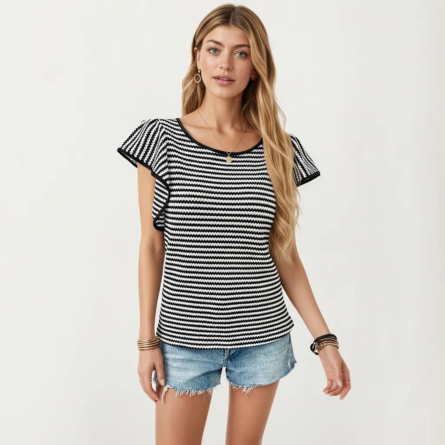 Striped Short Sleeve Knit Top with Ruffle Sleeve Detail