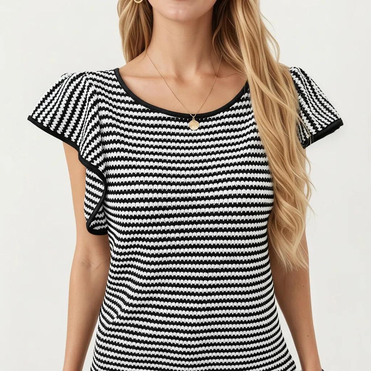 Striped Short Sleeve Knit Top with Ruffle Sleeve Detail