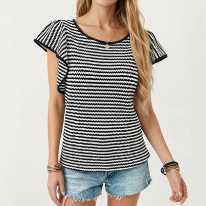 Striped Short Sleeve Knit Top with Ruffle Sleeve Detail