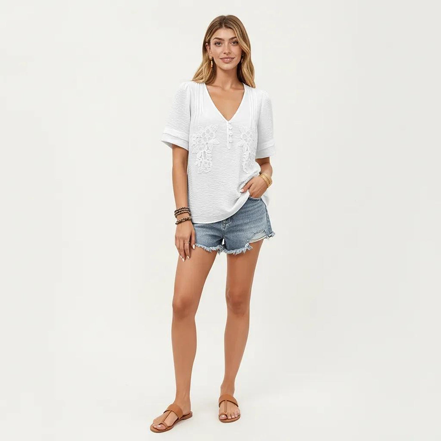 Short Sleeve Textured Knit Top with Embroidered Floral Detail