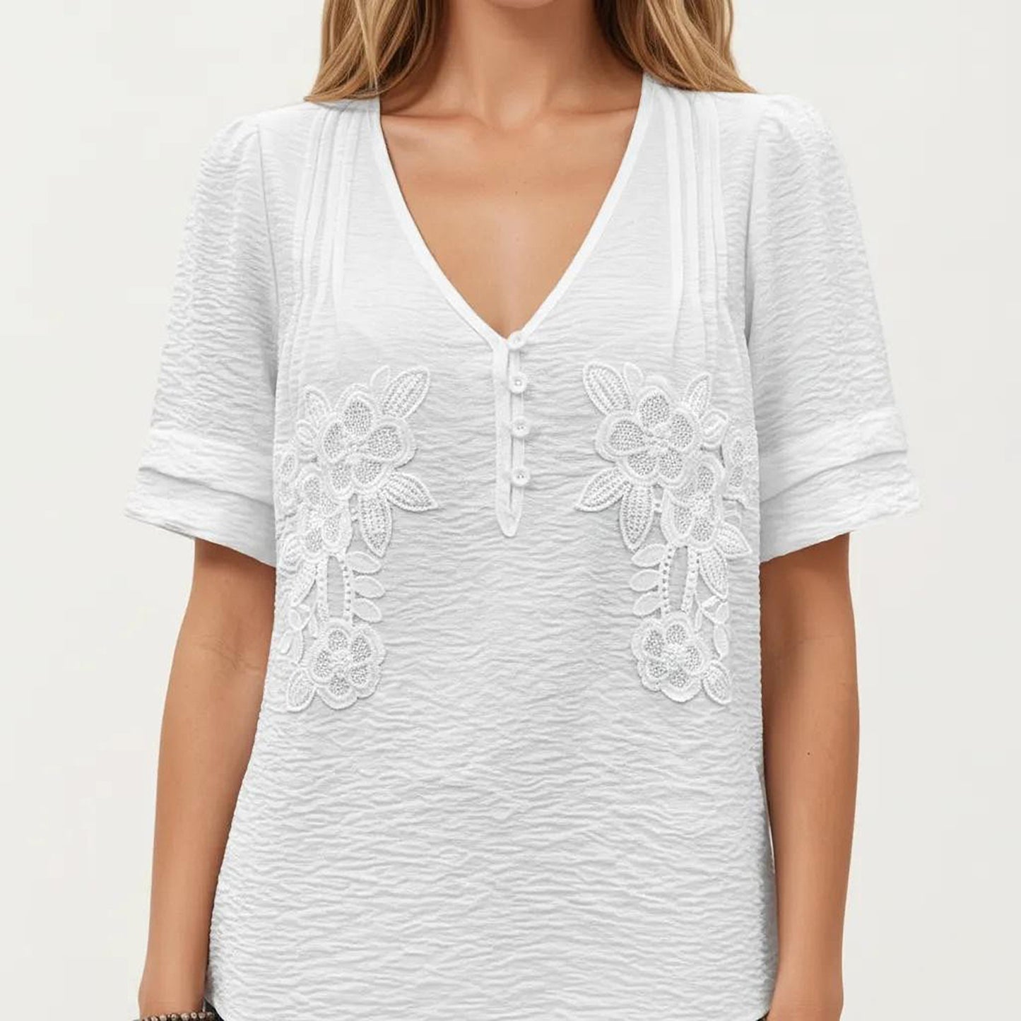 Short Sleeve Textured Knit Top with Embroidered Floral Detail