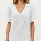 Short Sleeve Textured Knit Top with Embroidered Floral Detail