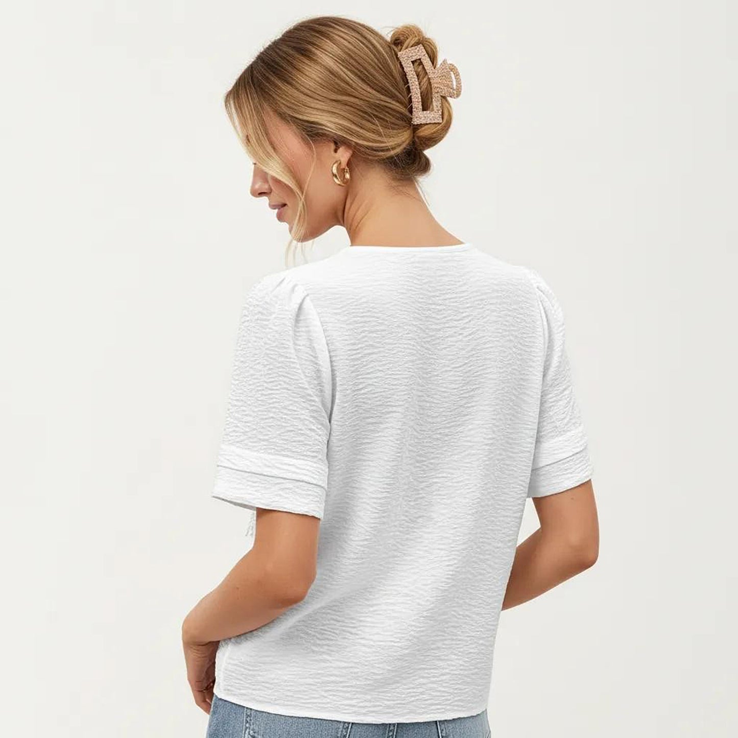 Short Sleeve Textured Knit Top with Embroidered Floral Detail
