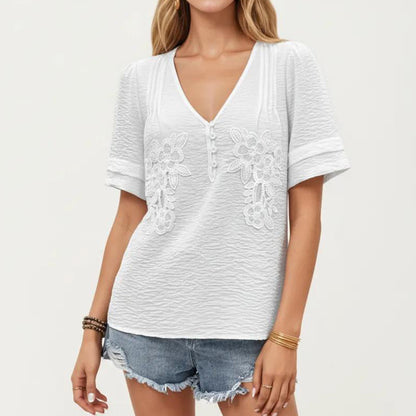 Short Sleeve Textured Knit Top with Embroidered Floral Detail