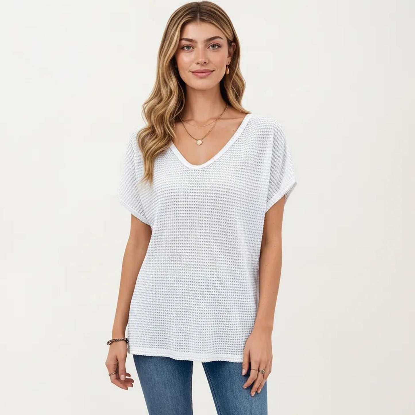 Short Sleeve Waffle Knit V-Neck Relaxed Fit Top