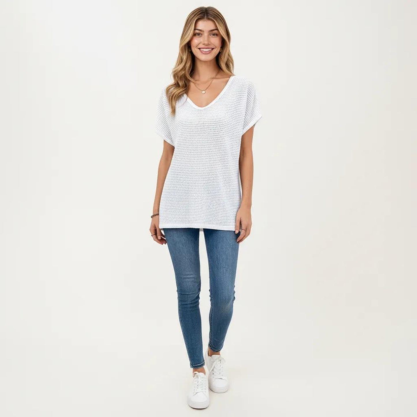 Short Sleeve Waffle Knit V-Neck Relaxed Fit Top
