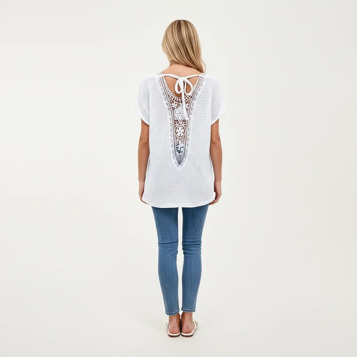 Short Sleeve Waffle Knit V-Neck Relaxed Fit Top