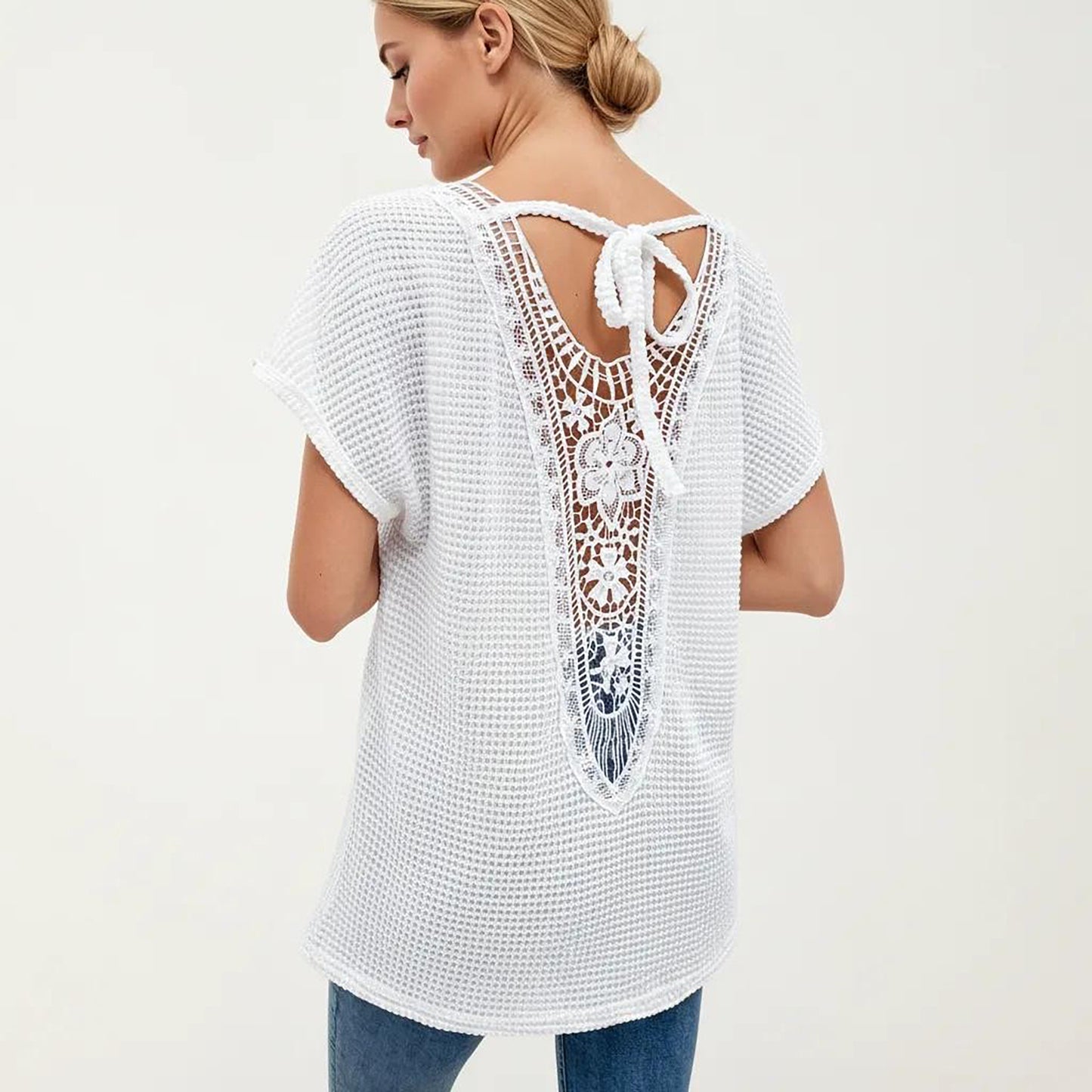Short Sleeve Waffle Knit V-Neck Relaxed Fit Top
