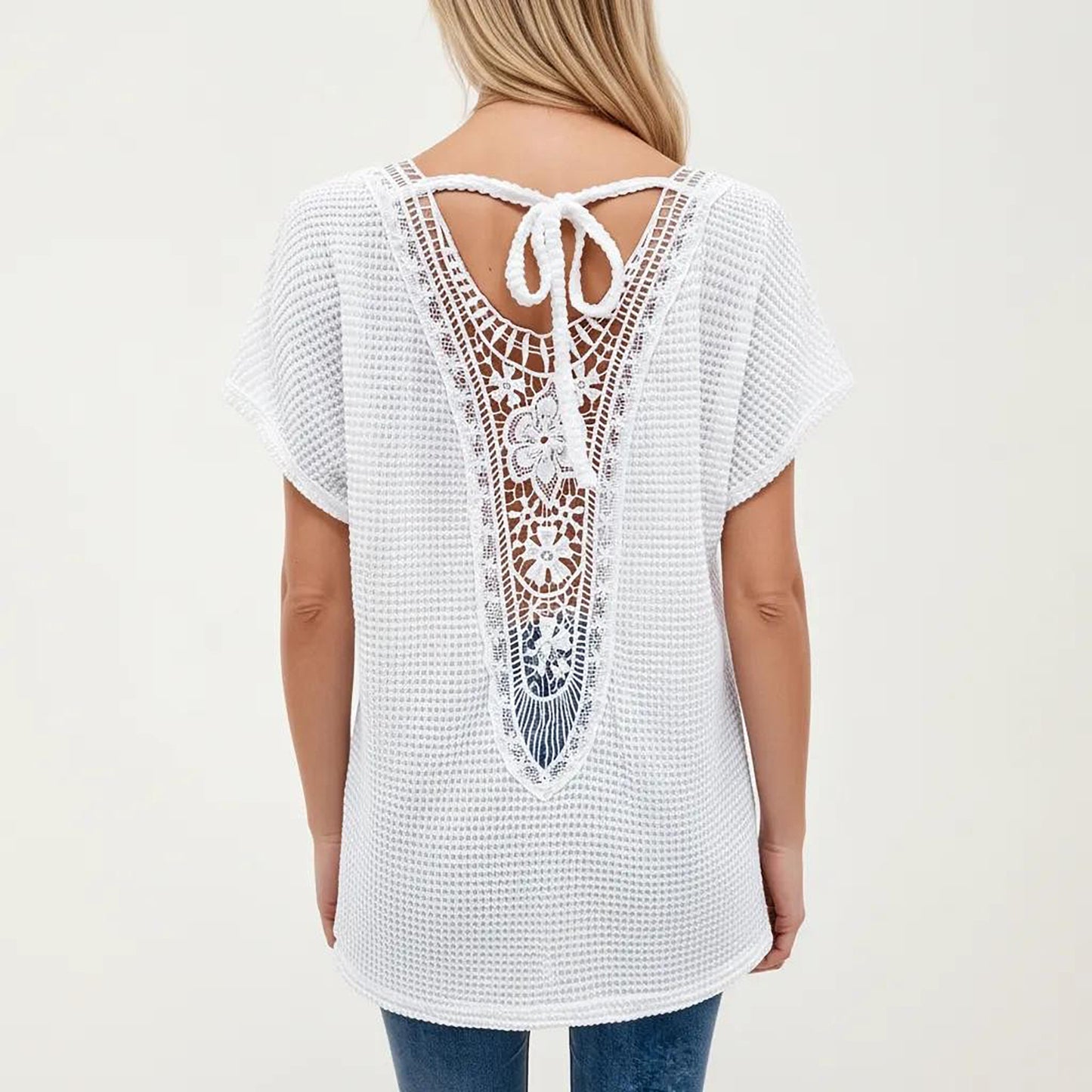 Short Sleeve Waffle Knit V-Neck Relaxed Fit Top