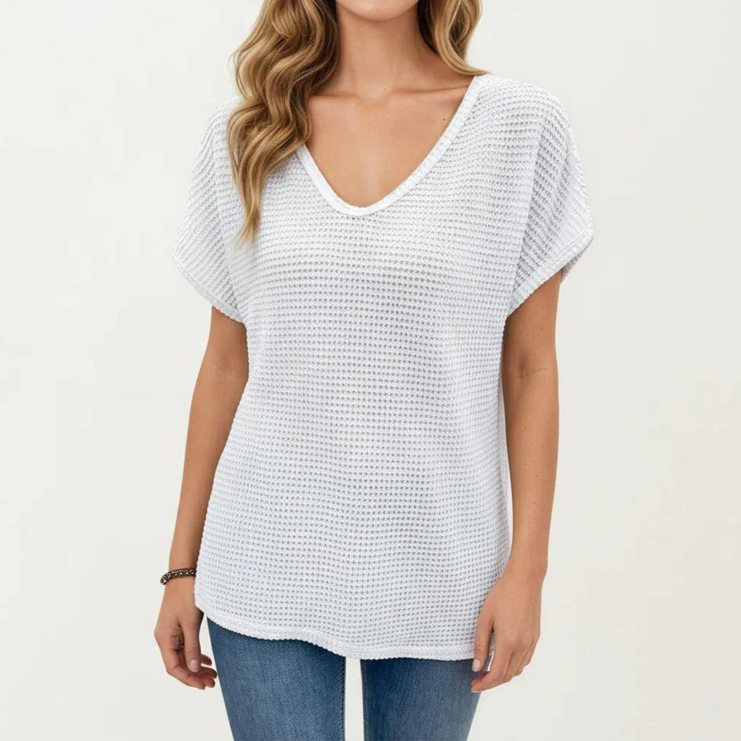 Short Sleeve Waffle Knit V-Neck Relaxed Fit Top