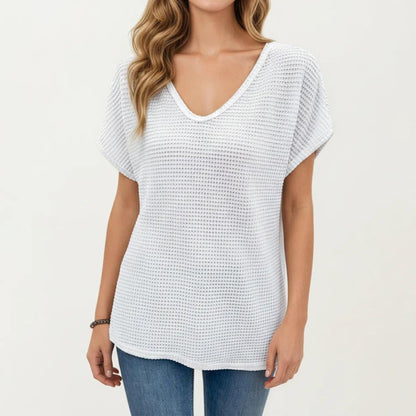 Short Sleeve Waffle Knit V-Neck Relaxed Fit Top