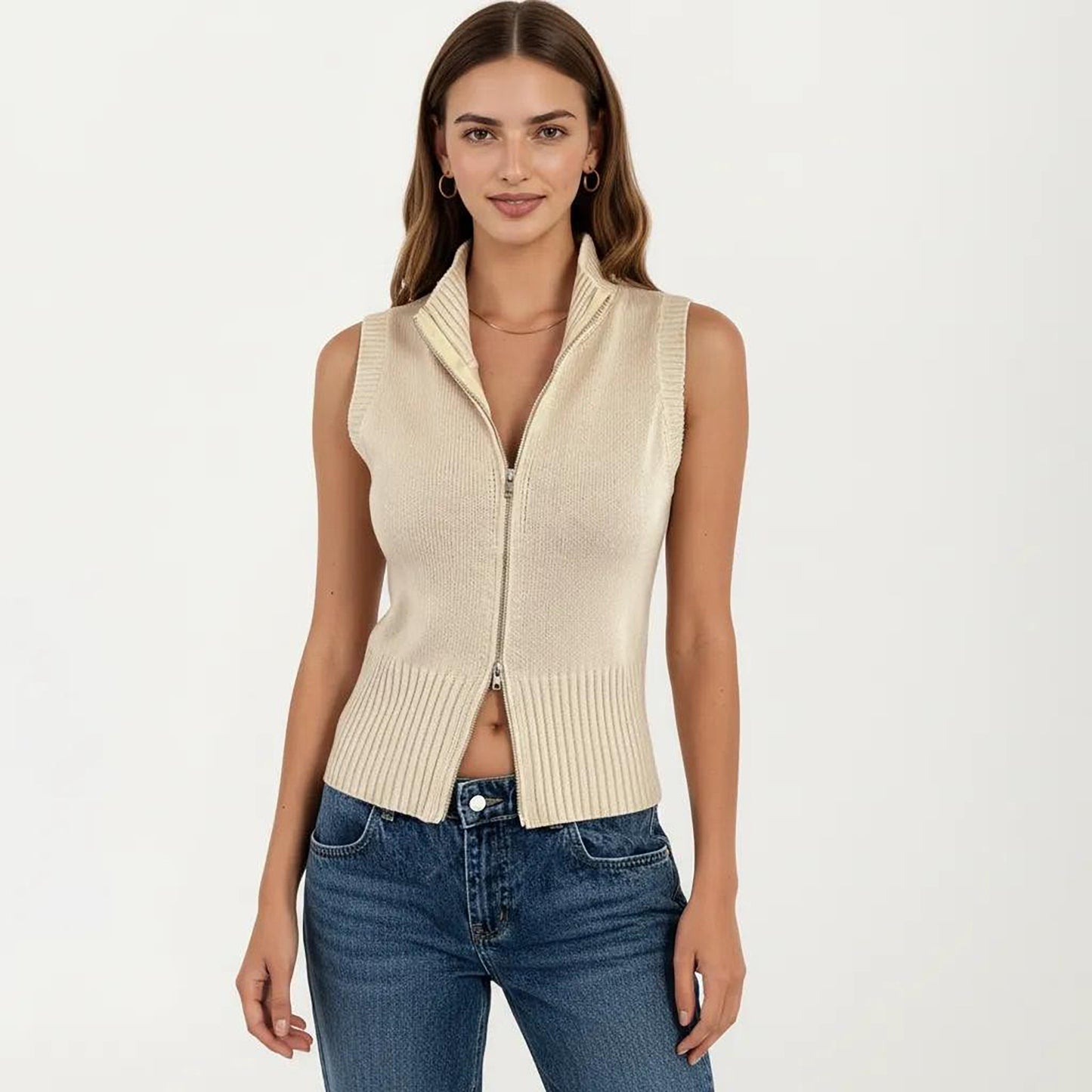 Sleeveless Ribbed Knit Zip Front Collared Top