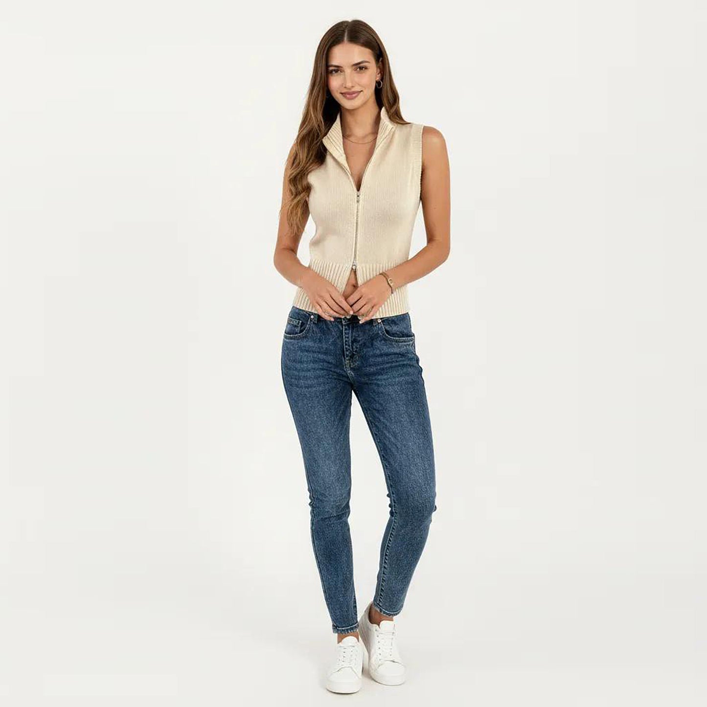 Sleeveless Ribbed Knit Zip Front Collared Top