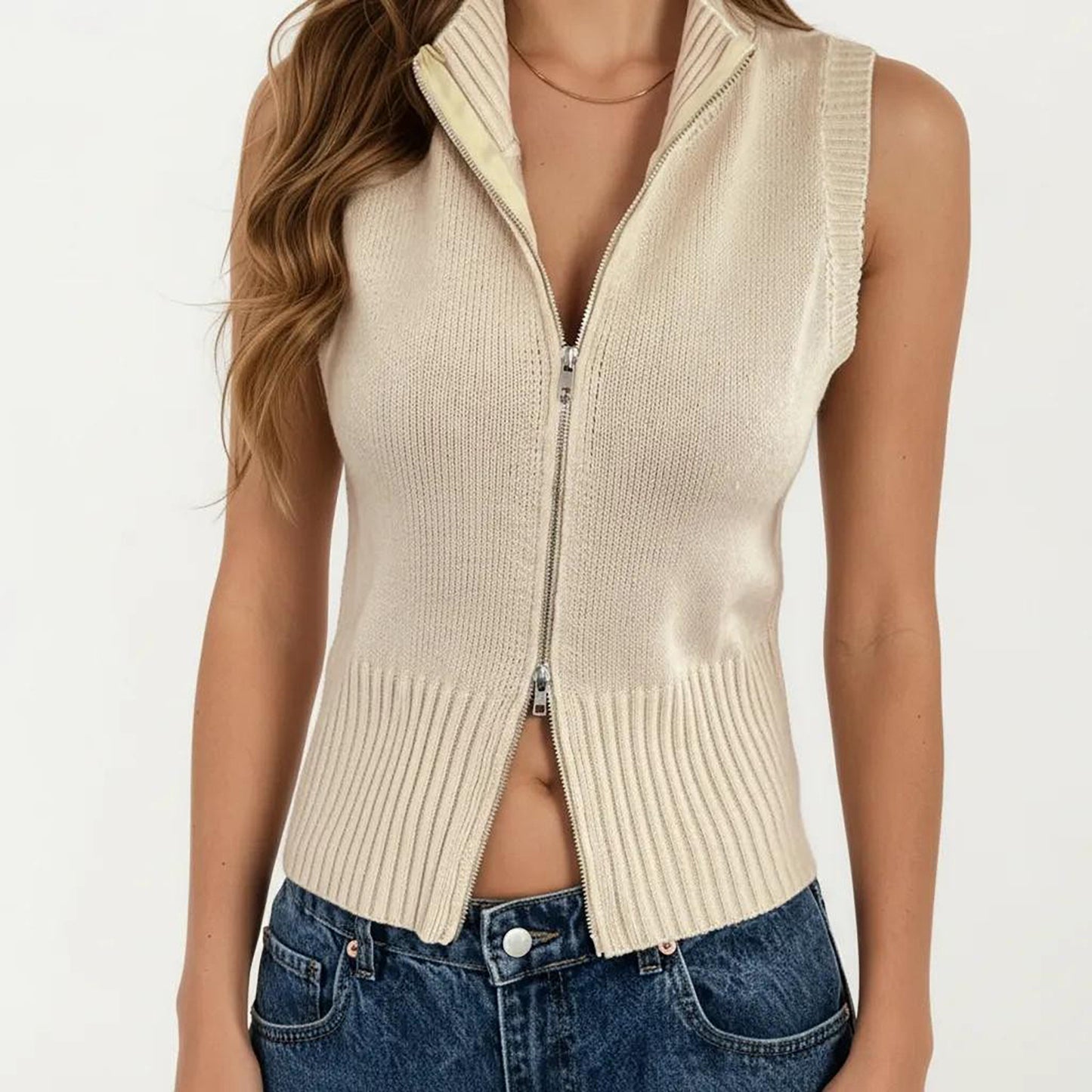 Sleeveless Ribbed Knit Zip Front Collared Top
