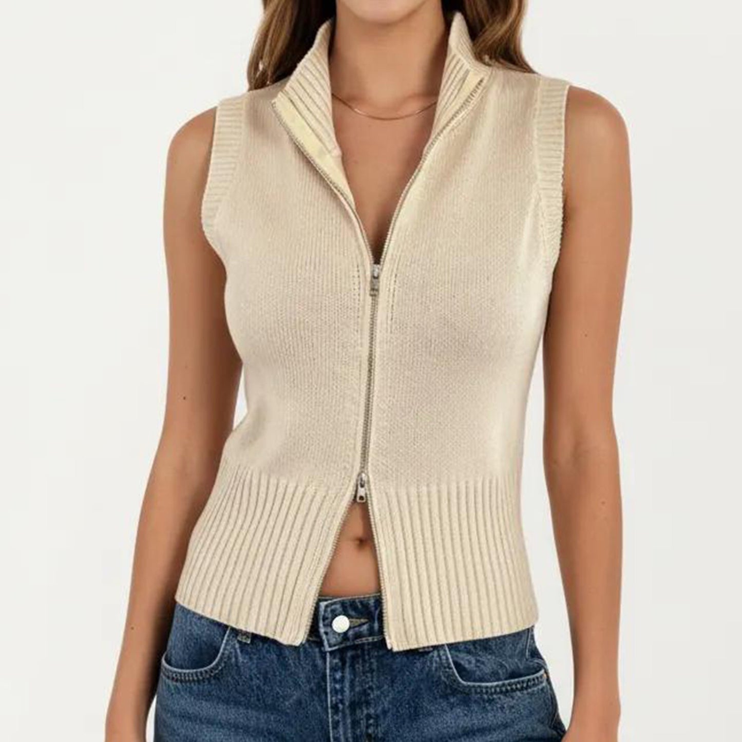 Sleeveless Ribbed Knit Zip Front Collared Top