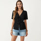 Short Sleeve Textured Knit V-Neck Front Tie Top