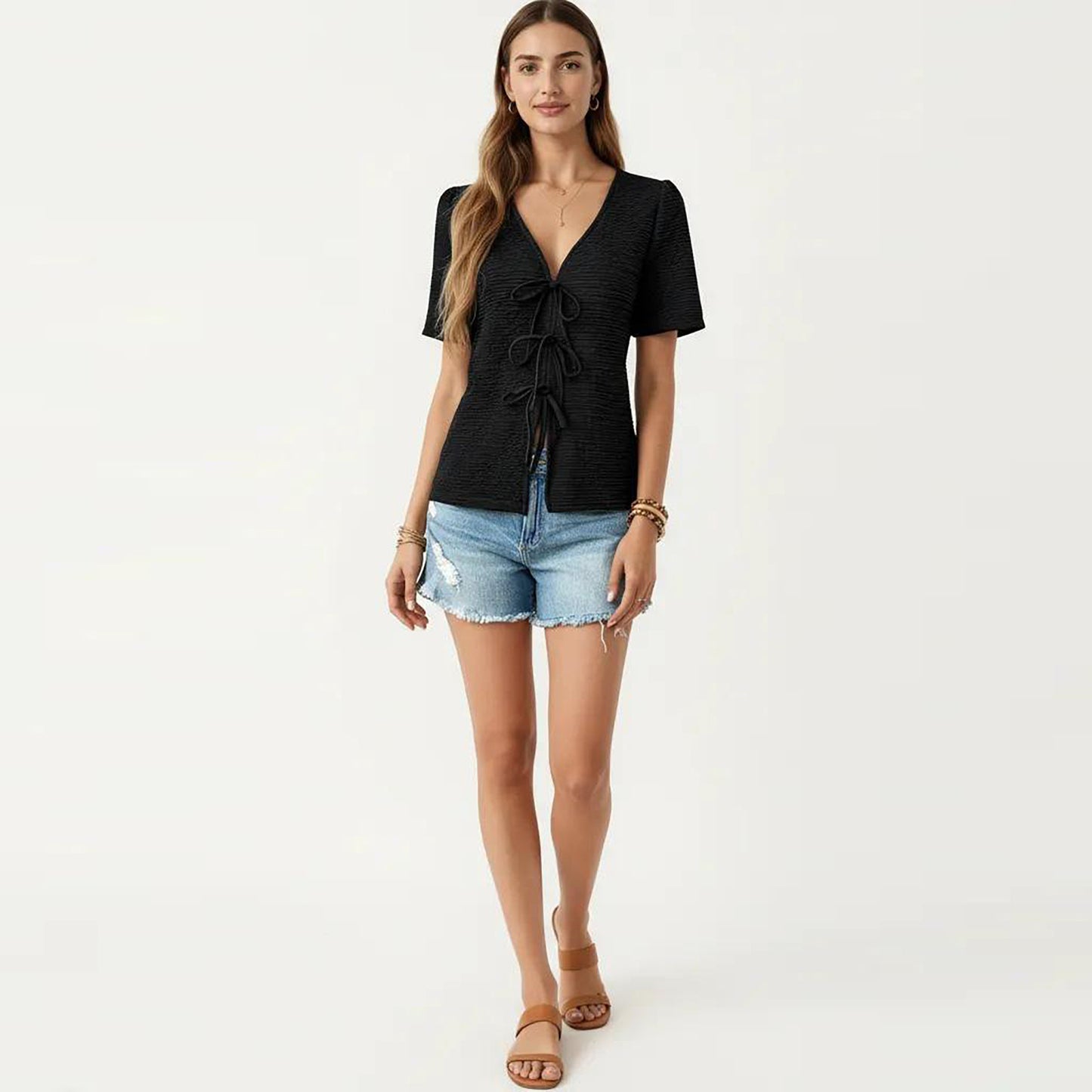Short Sleeve Textured Knit V-Neck Front Tie Top