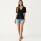Short Sleeve Textured Knit V-Neck Front Tie Top