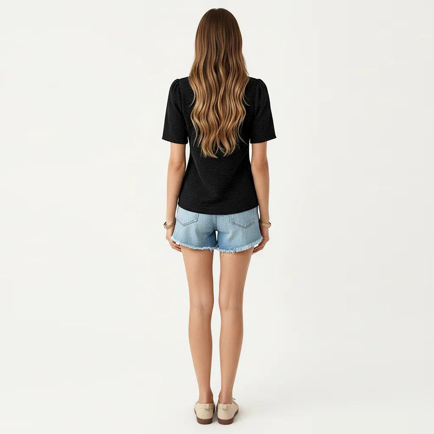 Short Sleeve Textured Knit V-Neck Front Tie Top
