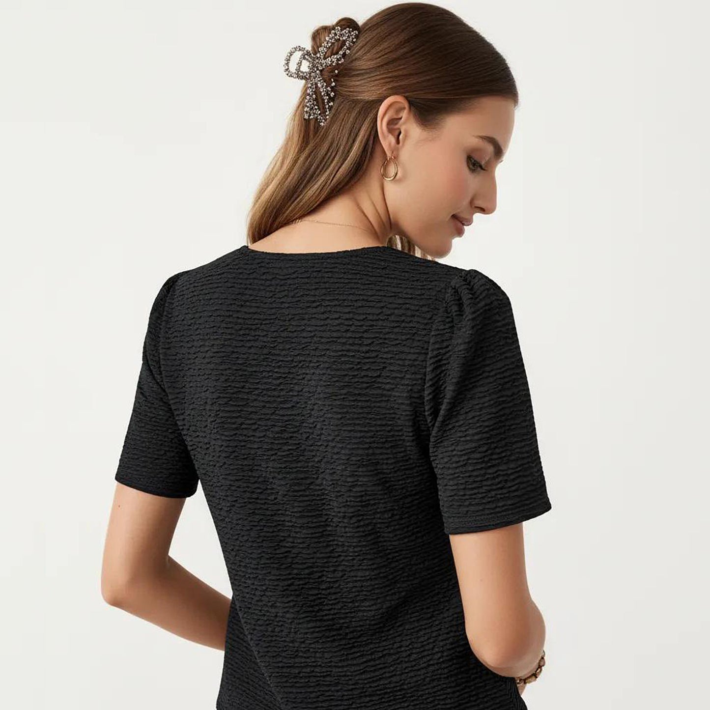 Short Sleeve Textured Knit V-Neck Front Tie Top