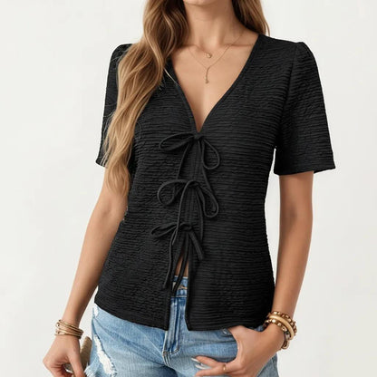Short Sleeve Textured Knit V-Neck Front Tie Top