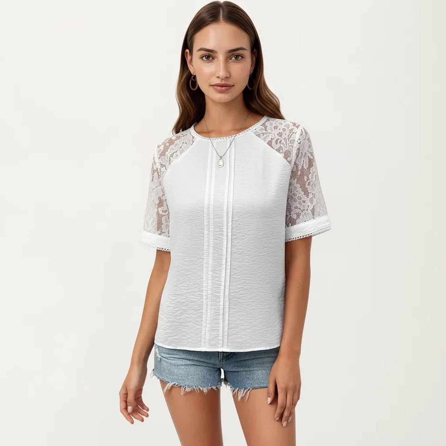 Short Sleeve Textured Knit Top with Lace Raglan Sleeves and Vertical Seam Detail