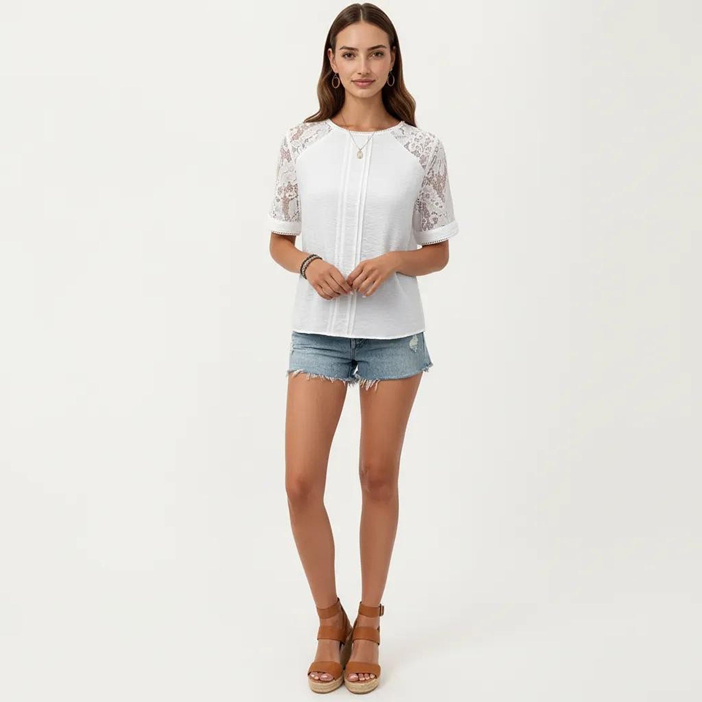 Short Sleeve Textured Knit Top with Lace Raglan Sleeves and Vertical Seam Detail