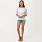 Short Sleeve Textured Knit Top with Lace Raglan Sleeves and Vertical Seam Detail