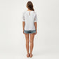 Short Sleeve Textured Knit Top with Lace Raglan Sleeves and Vertical Seam Detail