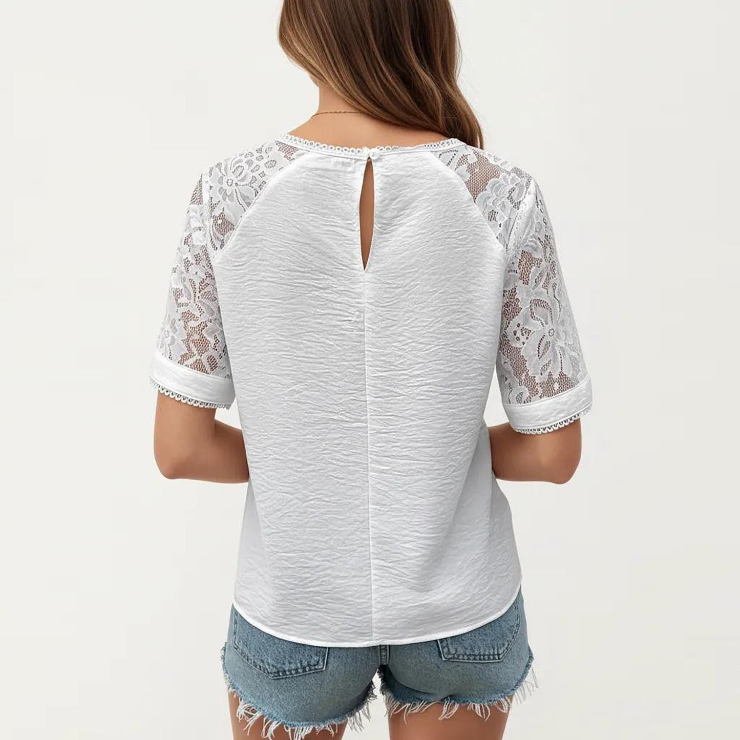 Short Sleeve Textured Knit Top with Lace Raglan Sleeves and Vertical Seam Detail