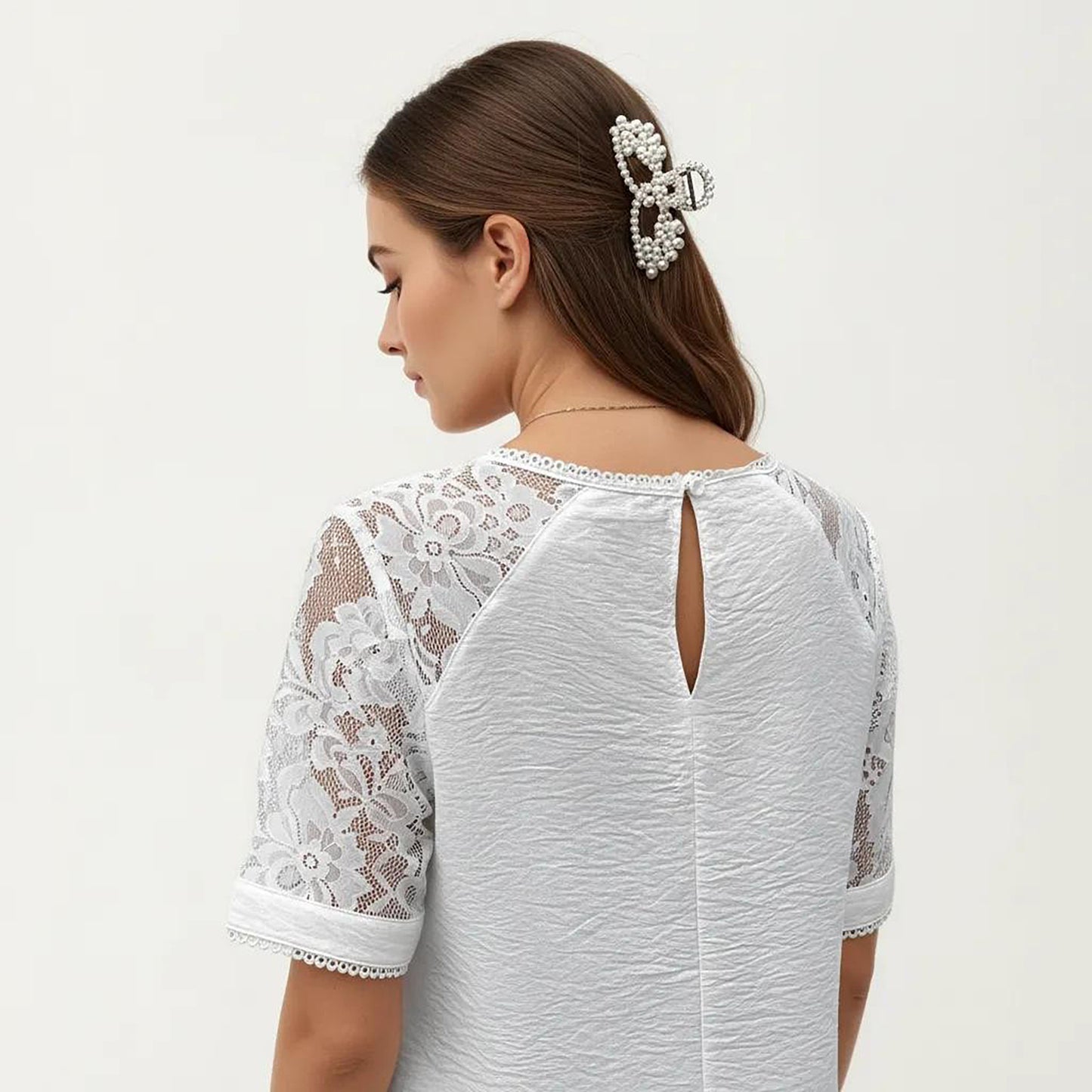 Short Sleeve Textured Knit Top with Lace Raglan Sleeves and Vertical Seam Detail