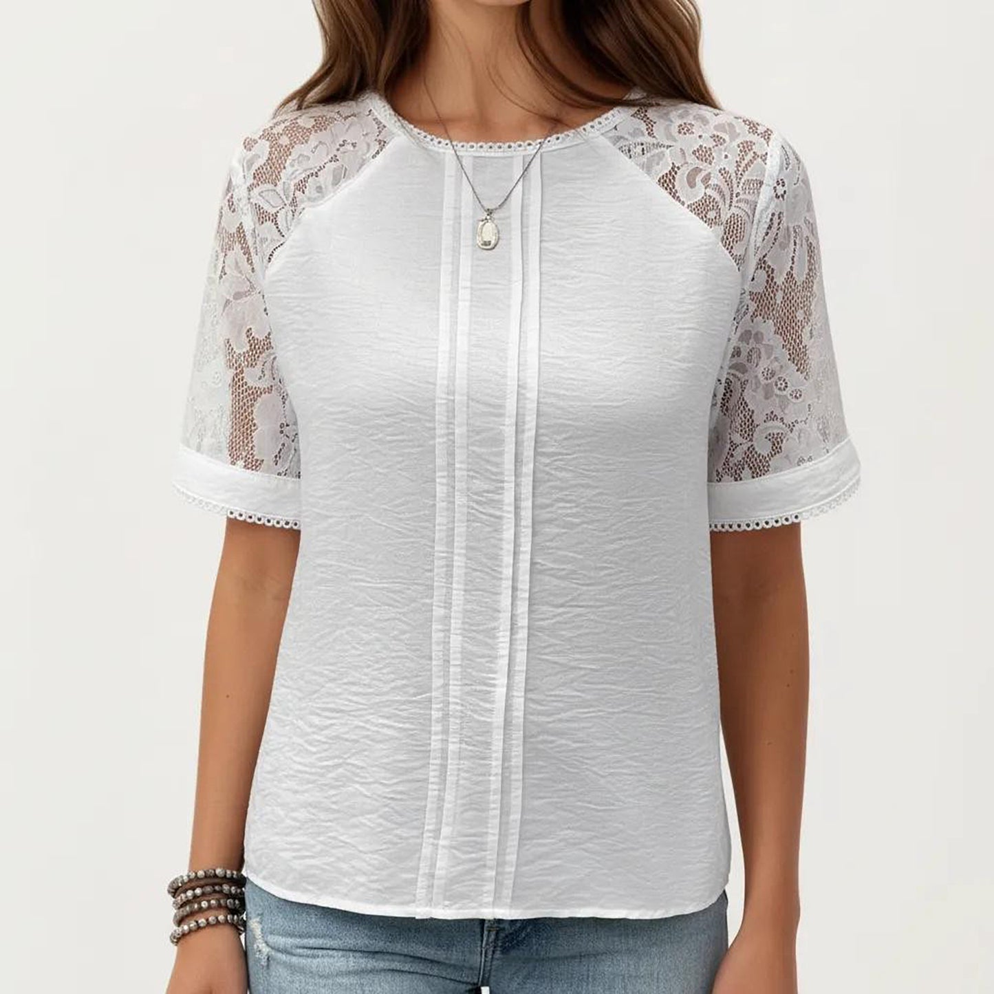 Short Sleeve Textured Knit Top with Lace Raglan Sleeves and Vertical Seam Detail