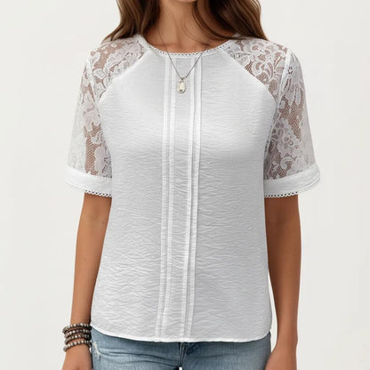 Short Sleeve Textured Knit Top with Lace Raglan Sleeves and Vertical Seam Detail