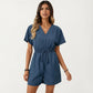 Short Sleeve V Neck Romper with Smocked Waist and Adjustable Drawstring