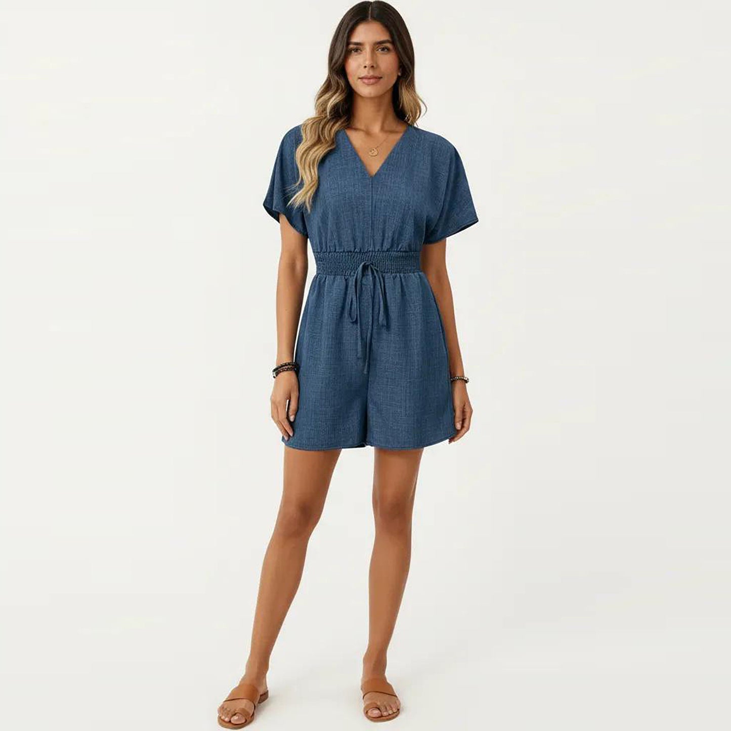 Short Sleeve V Neck Romper with Smocked Waist and Adjustable Drawstring