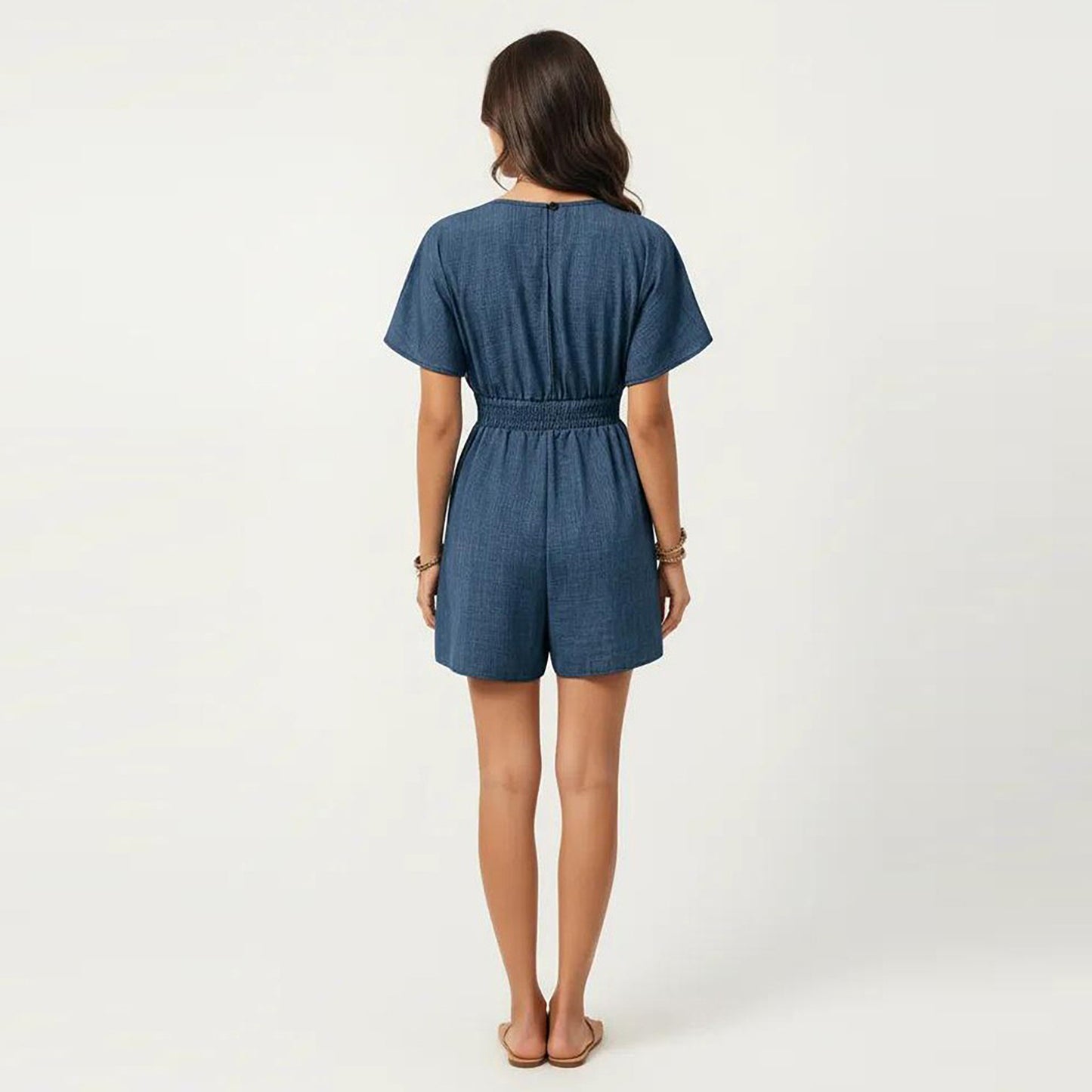 Short Sleeve V Neck Romper with Smocked Waist and Adjustable Drawstring
