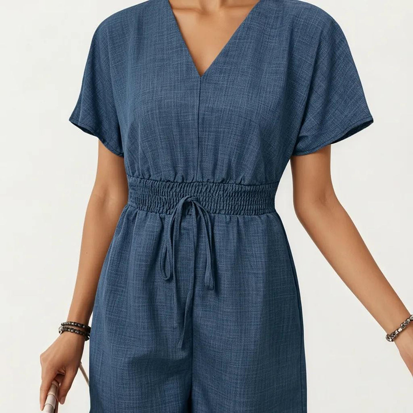 Short Sleeve V Neck Romper with Smocked Waist and Adjustable Drawstring