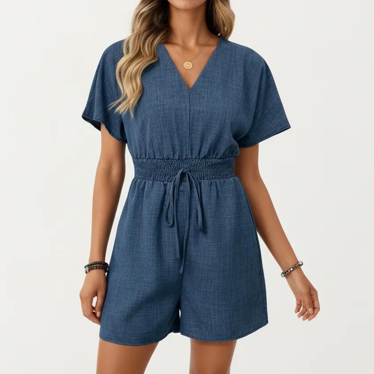 Short Sleeve V Neck Romper with Smocked Waist and Adjustable Drawstring