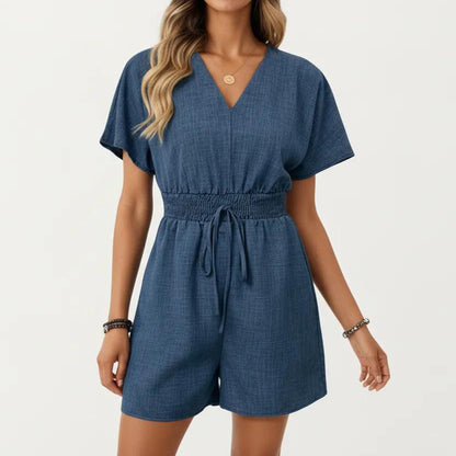 Short Sleeve V Neck Romper with Smocked Waist and Adjustable Drawstring
