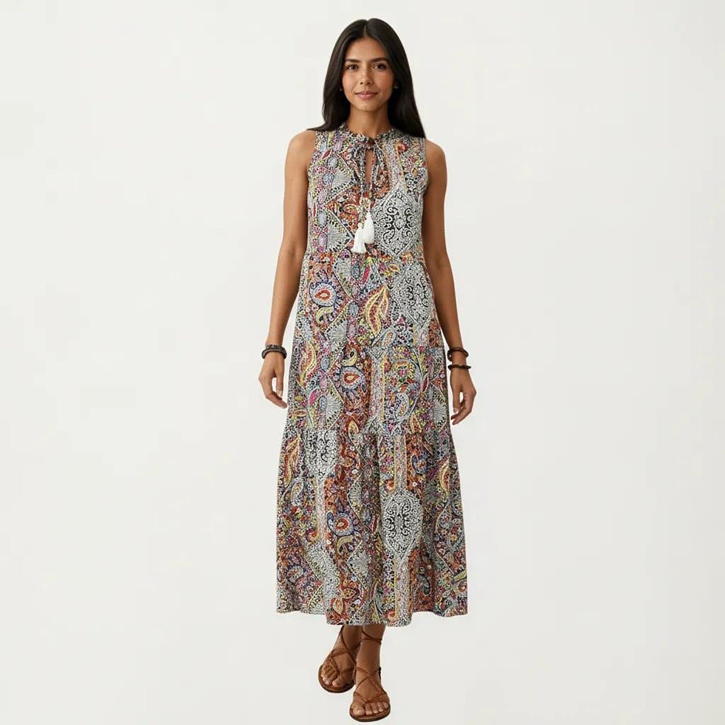 Sleeveless Maxi Dress with Mixed Print Design and Tie Neck Detail