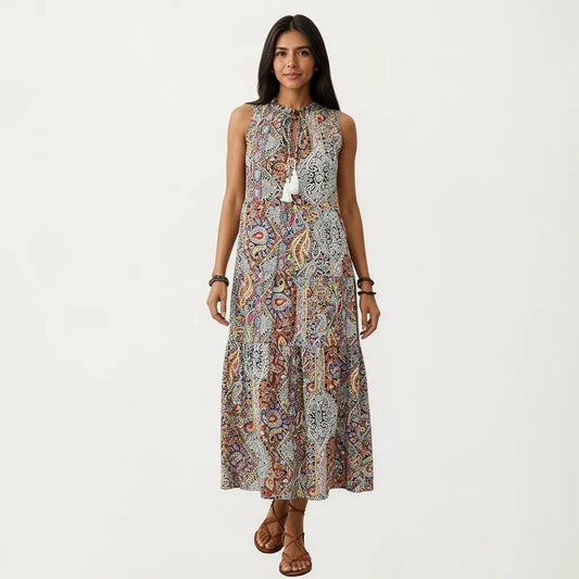 Sleeveless Maxi Dress with Mixed Print Design and Tie Neck Detail